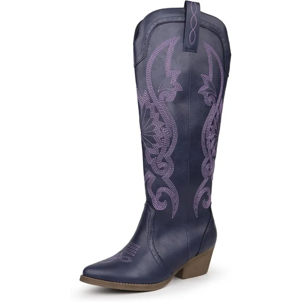 Women's Purple Faux Leather Pointed Toe and Block Heel Classic Embroidered Boot